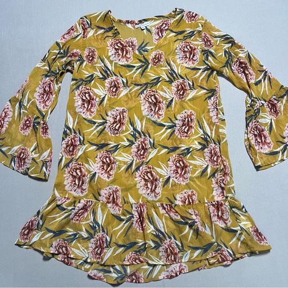 Crosstree Lane Mustard Floral Print Sheer Tunic Blouse Women’s Medium - Picture 2 of 13